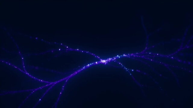 Abstract animation of glowing neural network pulses and digital data particles flowing through blue and purple branches