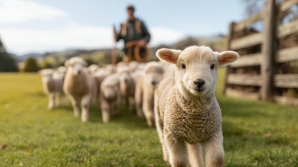 Fototapeta premium Sheep Herding Scene with a Shepherd in a Lush Countryside Landscape at Golden Hour