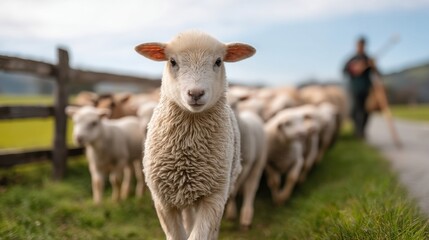 Obraz premium A Close-Up of a Curious Sheep in a Pastoral Scene with a Herd and Shepherd in the Background