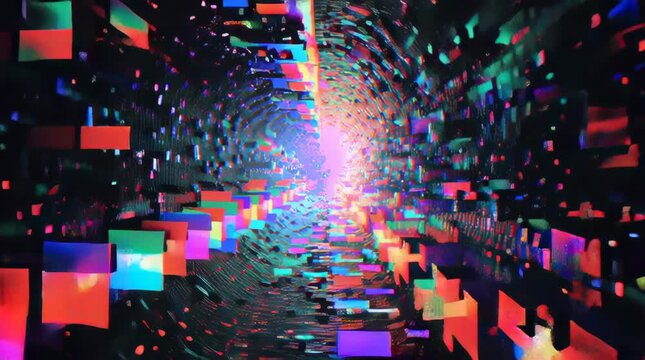 Colorful Glitch Tunnel Stock Video with Abstract Digital Fragments