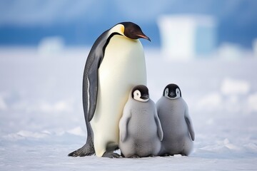 Obraz premium Emperor penguin and two fluffy chicks standing together on the ice in antarctica, representing family and care