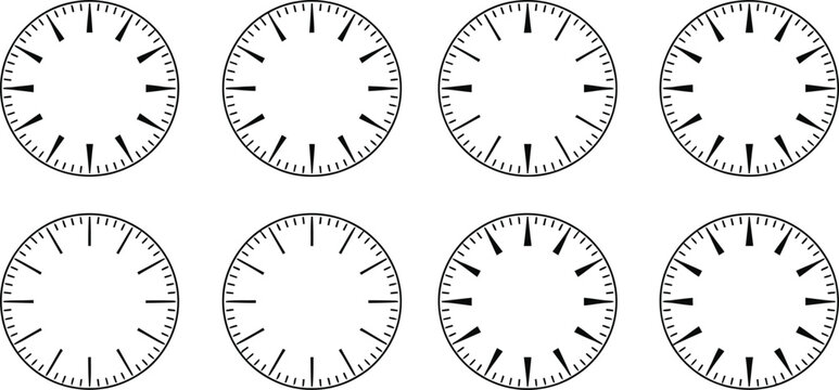 Circular clock face templates set, watch dial design elements, blank time scales, mechanical timer displays, chronometer graphics, dashboard interface measurement, timing.