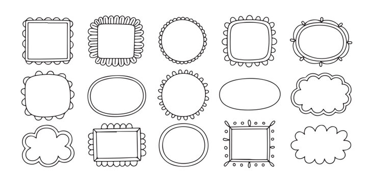 Set of fifteen hand drawn frames with various shapes and decorative borders