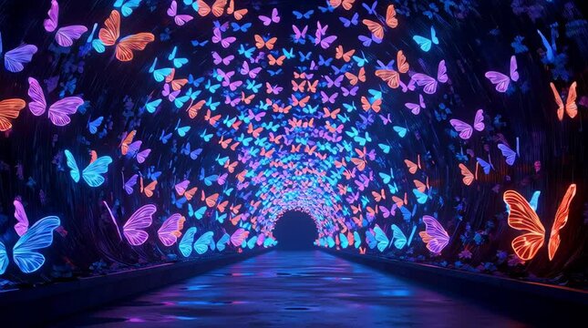 Neon Butterfly Stock Video Tunnel of Holographic Wings in 4k