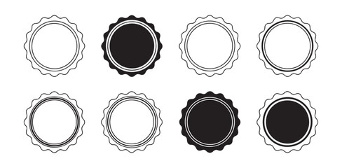 Set of round scalloped badges with wavy edges outline modern circular borders black and white vector graphic