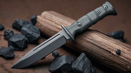 Detailed Close-Up of a Gray Combat Knife on Natural Wood with Black Rocks in an Outdoor Setting