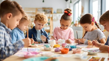 Obraz premium Group of children painting and crafting together in bright classroom, perfect for school brochure, art program promotion