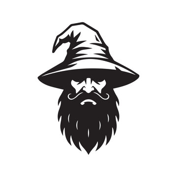 Minimalist Bearded Wizard Silhouette Head with Pointed Hat Logo Icon
