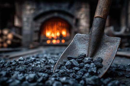 Coal heating. Adding coal to a burning firebox using an iron shovel.