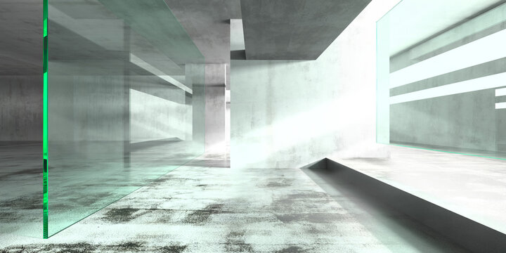 Modern architectural abstract with glass and concrete elements for interior design. 3d render