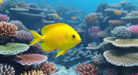 Bright Yellow Fish Swimming Among Colorful Coral Reef