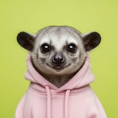 Fototapeta premium Adorable lemur wearing a pink hoodie on a lime green background, cute animal character portrait for creative marketing and social media concepts