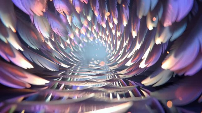 Holographic Feather Tunnel Stock Video Footage with Light Particles