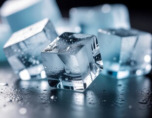 macro photograph of glistening frosted ice cubes with realistic condensation droplets on a dark reflective surface with blue cinematic lighting