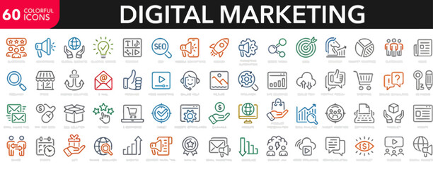 Digital marketing icons collection featuring various symbols for technology and business purposes in a grid layout © Debra