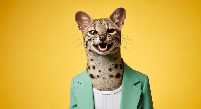 Anthropomorphic serval in mint blazer laughing at camera on bright yellow studio backdrop, quirky fashion mascot portrait for startup branding, ads, and modern website hero header