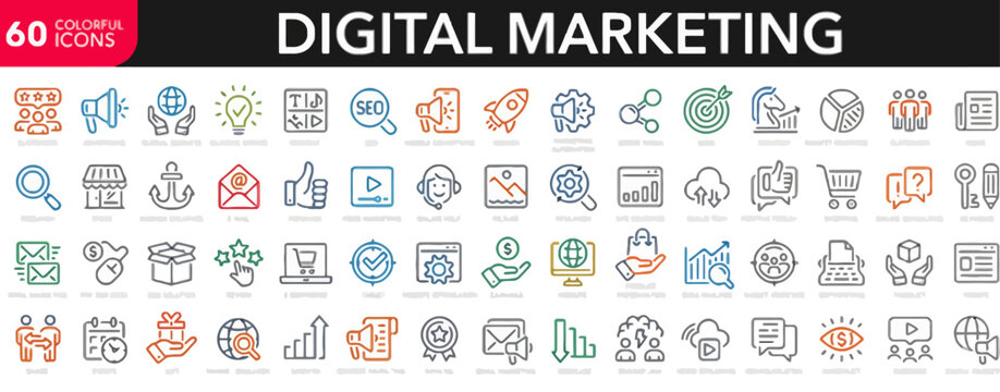 Digital marketing icons collection featuring various symbols for technology and business purposes in a grid layout