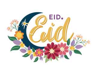 High-energy vector banner with exaggerated, large-scale blooming flowers surrounding a golden Eid moon, hyper-saturated colors.