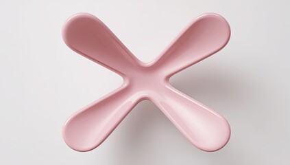 Obraz premium Overhead view of a pink, stylized cross-shaped object with curved, elongated arms, glossy finish