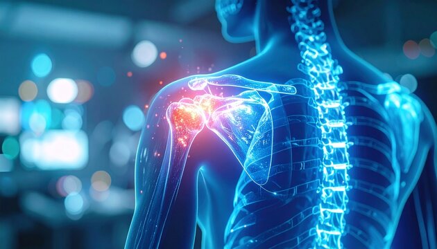 The vivid image highlighting the anatomical structure of a shoulder with glowing red pain points, perfect for medical and healthcare-related topics