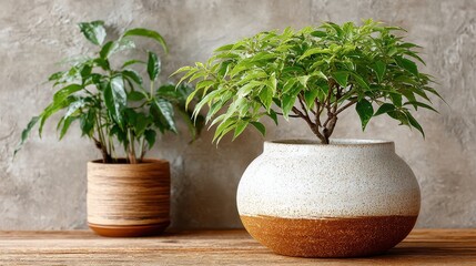 Fototapeta premium Indoor Plants in Ceramic Pots on Wooden Surface with Concrete Background