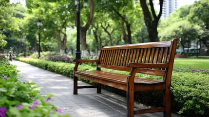 Fototapeta premium Empty Wooden Bench in Lush Green Park on a Sunny Day