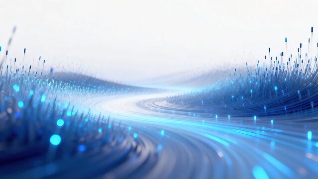 Abstract Blue Background Depicting Speed of Light and Digital Data Flow, Futuristic Technology Concept with Fiber Optic Cables on White Background, Blurred Lines Road Metaphor Fast Internet Connection