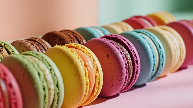 Colorful row of delicate French macarons displayed in vibrant shades under bright sunlight