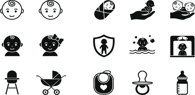 Baby Care and Newborn Icon Set with Infant Safety Feeding Stroller Pacifier and Child Protection Symbols for Parenting Apps and Healthcare Design