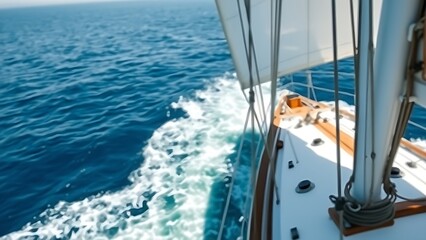 Fototapeta premium View from classic sailing ship, blue ocean parting into white wake. mobility guides, transit brochures, designed for mobility and urban transit guides, used by professors.