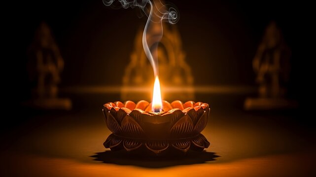 Traditional Diya Oil Lamp with Sacred Flame and Incense Smoke, Spiritual Hindu Worship Background for Diwali Festival, Prayer Ritual, Meditation and Indian Cultural Ceremony