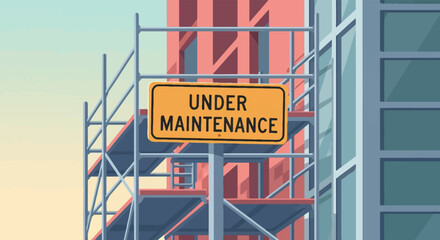 Yellow sign on scaffolding warns of ongoing building repairs