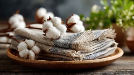 Obraz premium Cotton Flowers and Linen Napkins on Wooden Plate, Rustic Home Decor