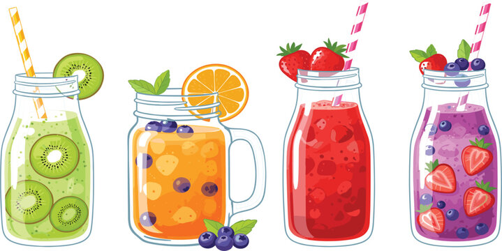 Fresh Fruit Smoothie Mason Jar Vector Set with Kiwi, Orange, Blueberry, and Strawberry Healthy Beverage Illustrations for Wellness and Nutrition Menu Designs