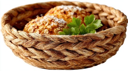 Obraz premium Oatmeal Cookies with Parsley in Woven Basket, Delicious Homemade Treat