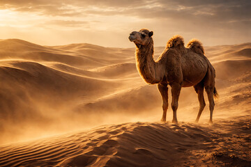 Camel standing in desert dunes