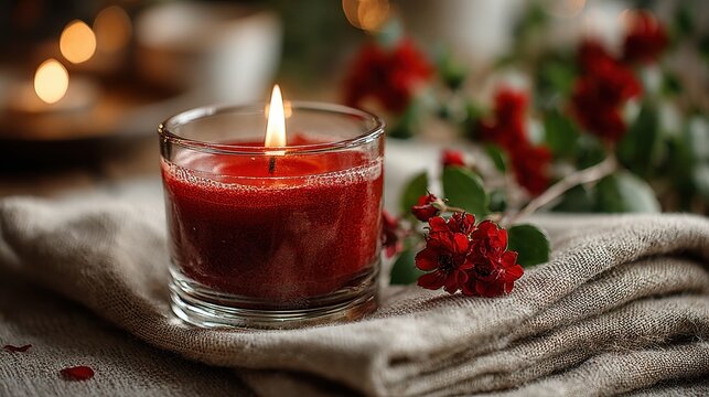Burning Red Candle with Flowers on Linen Fabric in Soft Light