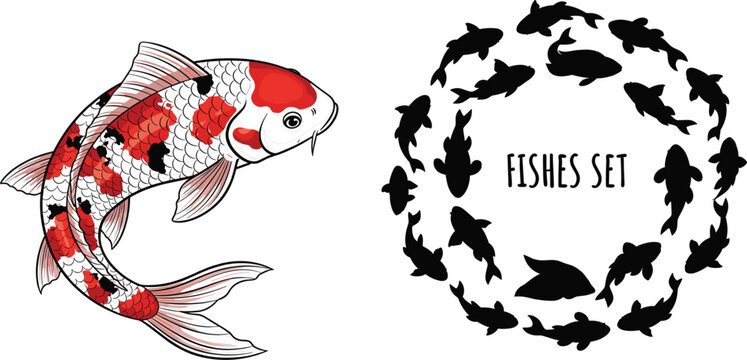 Japanese Nishikigoi Koi Carp Illustration Featuring Detailed Spotted Fish and Circular Silhouette Frame Wreath for Brand Identity and Logo Design