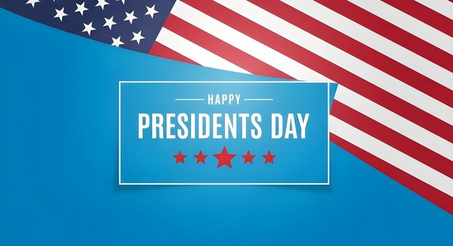A patriotic graphic celebrating Presidents Day with an American flag and stars.