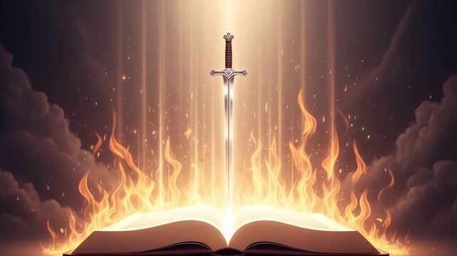 Holy Bible with Sword of Light Rising from Sacred Flames, Christian Faith and Spiritual Power Concept Illustration for Religion, Scripture, Divine Justice, Salvation and Inspirational Background