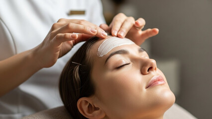 Woman receiving a relaxing facial treatment with cream application.