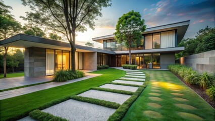 Fototapeta premium Modern architectural design showcasing a luxurious home with expansive windows, a meticulously landscaped lawn, and a paved pathway at twilight.