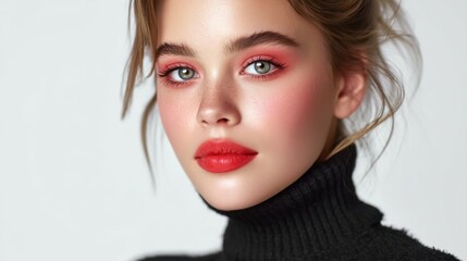 Fototapeta premium Elegant Portrait of a Young Woman with Subtle Makeup and Stylish Hair against a Neutral Background