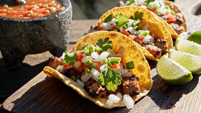 Delicious street tacos served with fresh salsa in a traditional stone molcajete outdoors