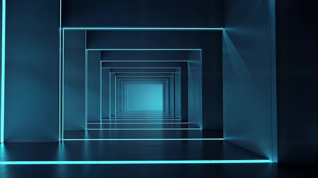 Mesmerizing Blue Neon Tunnel Corridor Extending Into Infinity With Glowing Geometric Frames Creating Futuristic Depth Effect Ideal For Tech Backgrounds