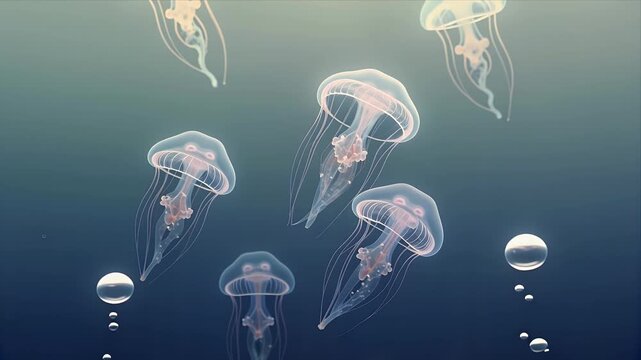 Serene Glowing Jellyfish Gracefully Drifting Through Deep Ocean Waters In Tranquil Underwater Scene Ideal For Relaxation Backgrounds