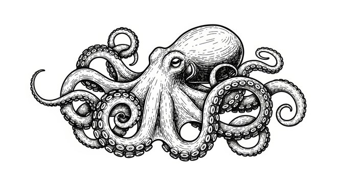octopus sea animal food with swirling tentacles and suction cups, in a classic engraving style sketch engraving generative ai vector illustration.