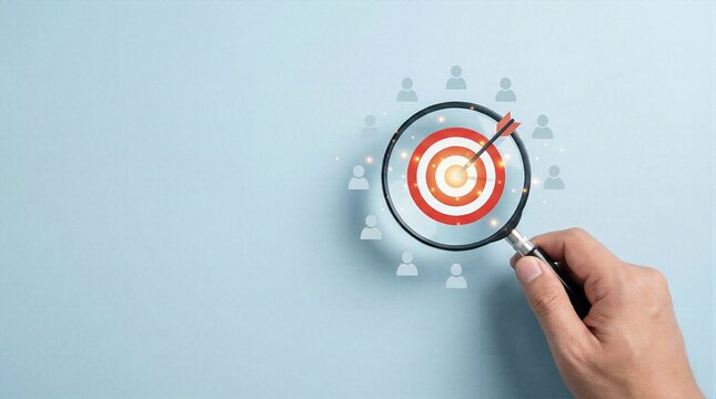 Magnifying glass focused on bullseye target board surrounded by user icons for niche marketing customer profiling audience segmentation and precise business goal strategy