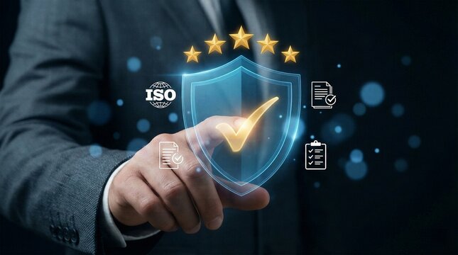 Businessman touching virtual shield icon with checkmark and five stars representing ISO quality assurance accreditation certification and reliable business protection