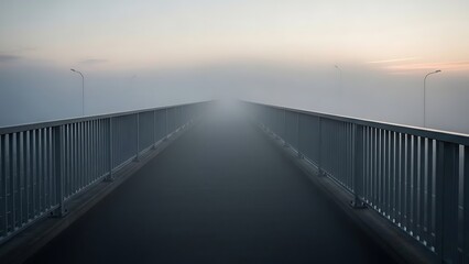 Naklejka premium Empty Bridge Leading Into Foggy Horizon at Sunset with Mysterious Atmosphere